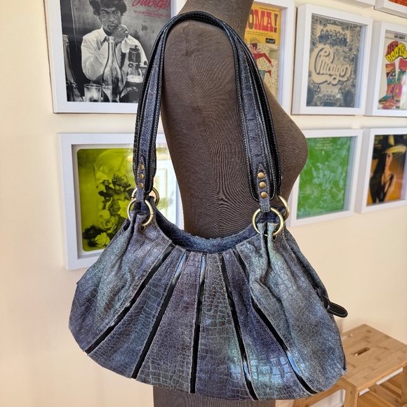 Metallic blue/charcoal pleated hobo shoulder bag - Picture 1 of 13